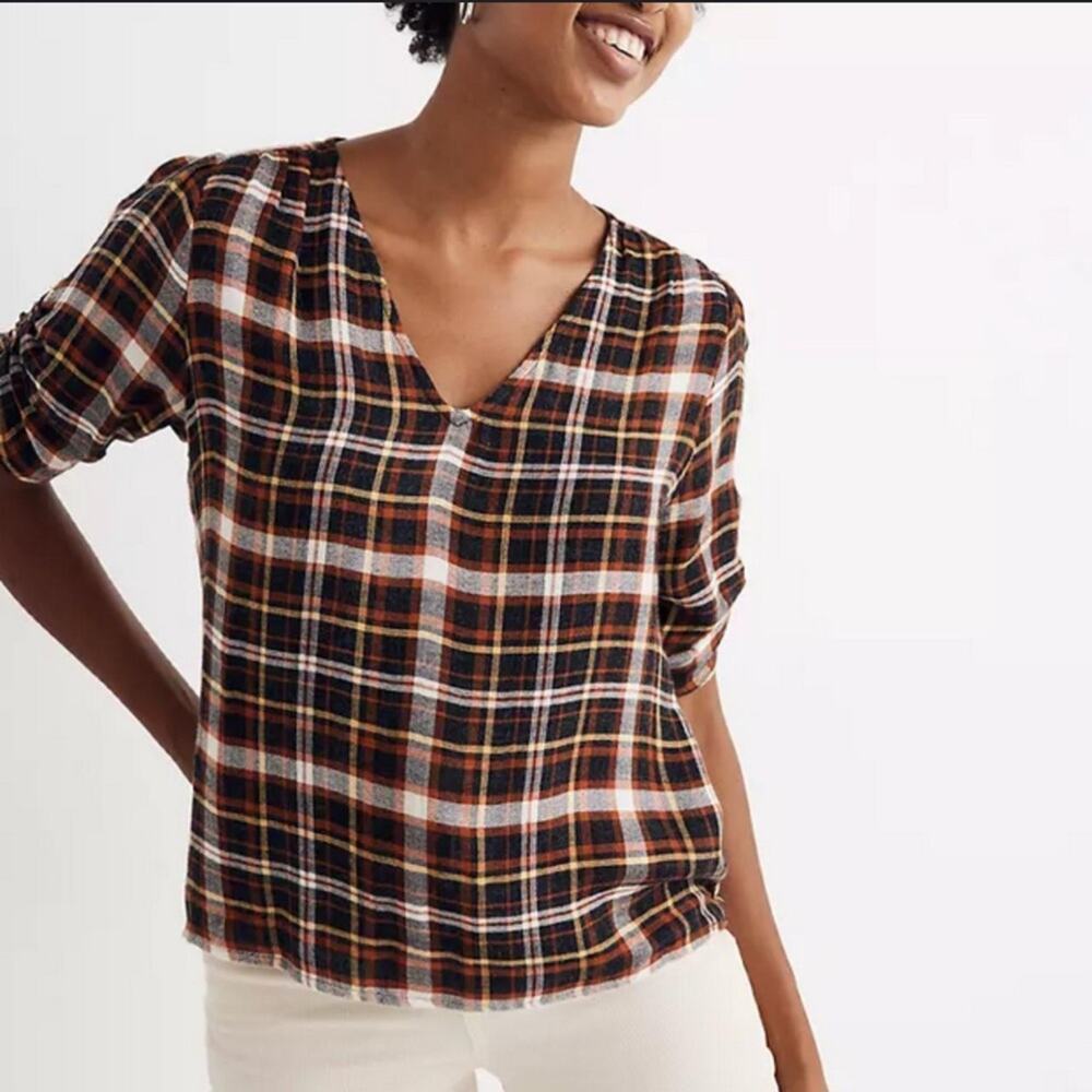 Madewell Plaid Cinched-Sleeve Top Ruched Sleeves V-Neck Blouse Top Size Medium